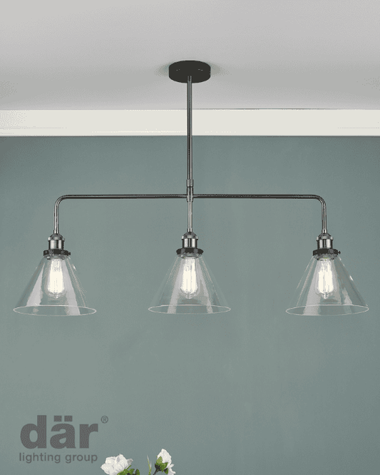 Dar Lighting Ray 3 Light Antique Nickel & Clear Glass Bar Pendant