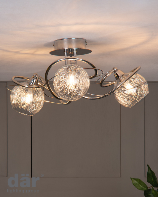 Dar Lighting Rehan 3 Light Decorative Glass & Polished Chrome Frame Semi Flush