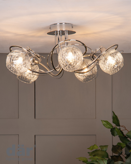 Dar Lighting Rehan 5 Light Decorative Glass & Polished Chrome Frame Semi Flush