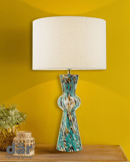 Dar Lighting Rheneas Blue Art Glass & Polished Chrome Table Lamp With Shade