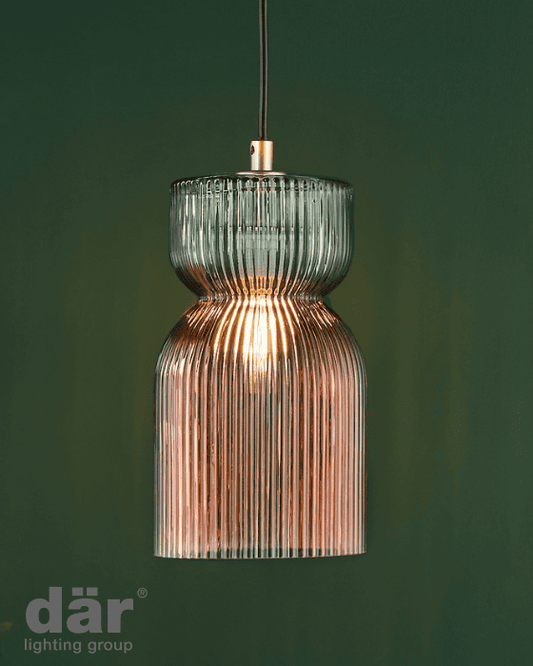 Dar Lighting Rhubarb Pink & Green Ribbed Glass Pendant