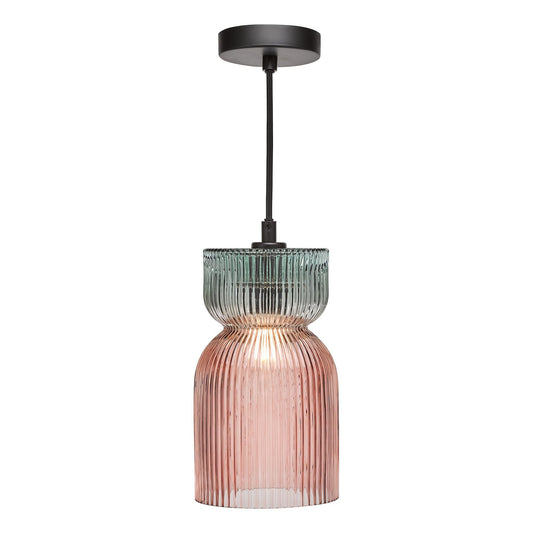 Dar Lighting Rhubarb Pink & Green Ribbed Glass Pendant
