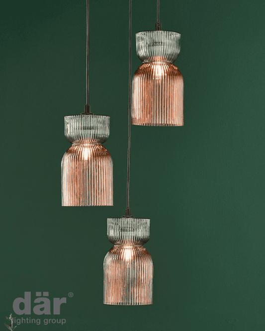 Dar Lighting Rhubarb 3 Light Pink & Green Ribbed Glass Cluster Pendant