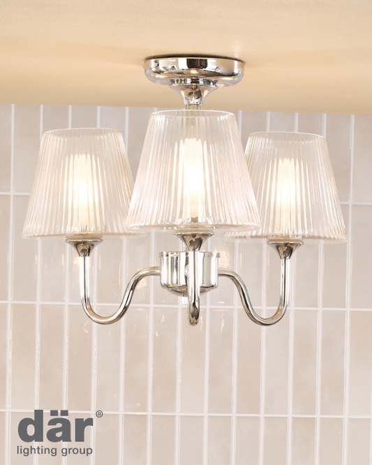 Dar Lighting Rimaz 3 Light Bathroom Polished Chrome & Ribbed Glass IP44 Semi Flush