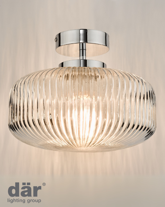 Dar Lighting Riva Bathroom IP44 Ribbed Glass & Polished Chrome Semi Flush