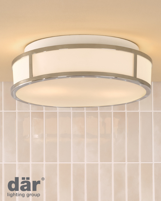 Dar Lighting Royce 2 Light Bathroom Polished Chrome & Opal Glass IP44 Flush