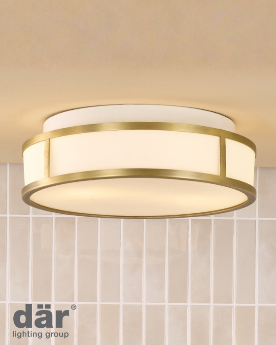 Dar Lighting Royce 2 Light Bathroom Matt Antique Brass & Opal Glass IP44 Flush