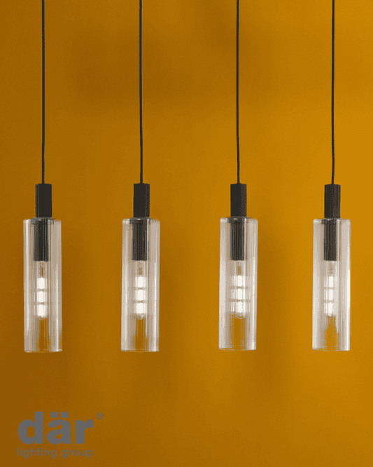Dar Lighting Ruben 4 Light Satin Black & Ribbed Glass Bar Pendant