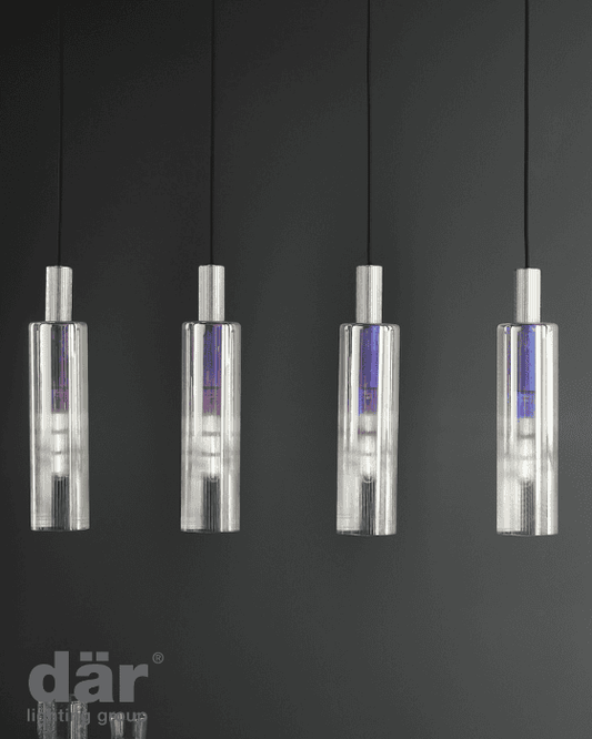 Dar Lighting Ruben 4 Light Satin Silver & Ribbed Iridised Glass Bar Pendant