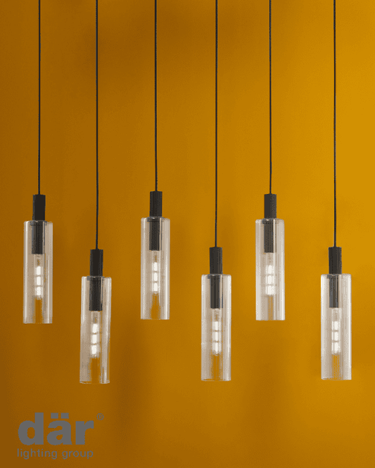 Dar Lighting Ruben 6 Light Satin Black & Ribbed Glass Bar Pendant