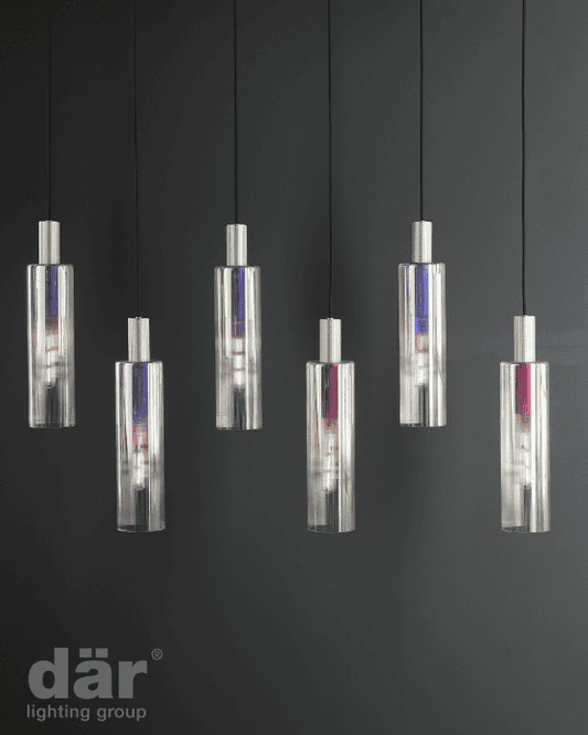 Dar Lighting Ruben 6 Light Satin Silver & Ribbed Iridised Glass Bar Pendant