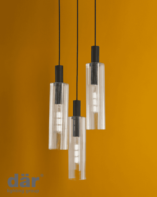 Dar Lighting Ruben 3 Light Satin Black & Ribbed Glass Cluster Pendant