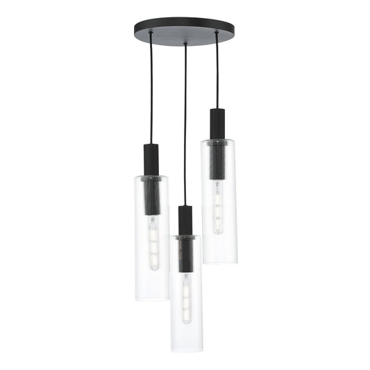 Dar Lighting Ruben 3 Light Satin Black & Ribbed Glass Cluster Pendant