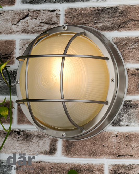 Dar Lighting Salcombe Outdoor IP44 Round Stainless Steel Glass Wall Light