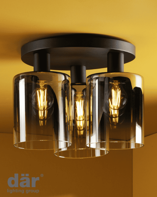 Dar Lighting Savannah 3 Light Matt Black & Smoked Glass Flush