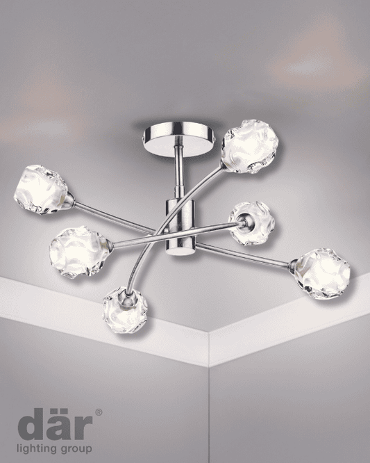 Dar Lighting Seattle 6 Light Satin Chrome & Sculptured Glass Semi Flush