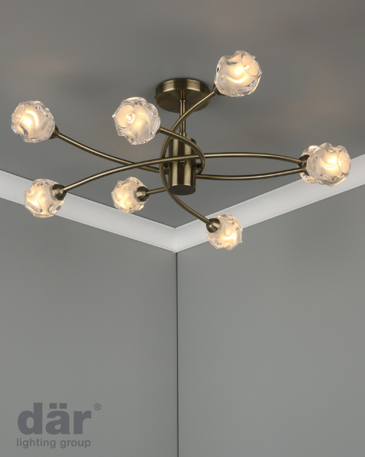 Dar Lighting Seattle 8 Light Antique Brass & Glass Semi Flush