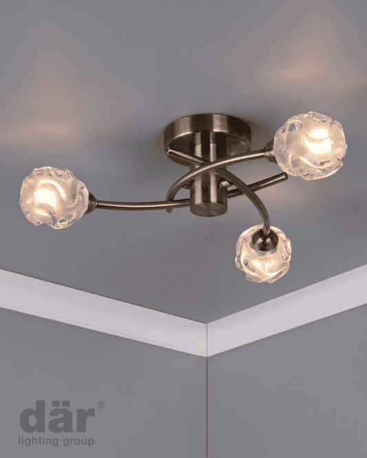 Dar Lighting Seattle 3 Light Antique Brass Semi Flush