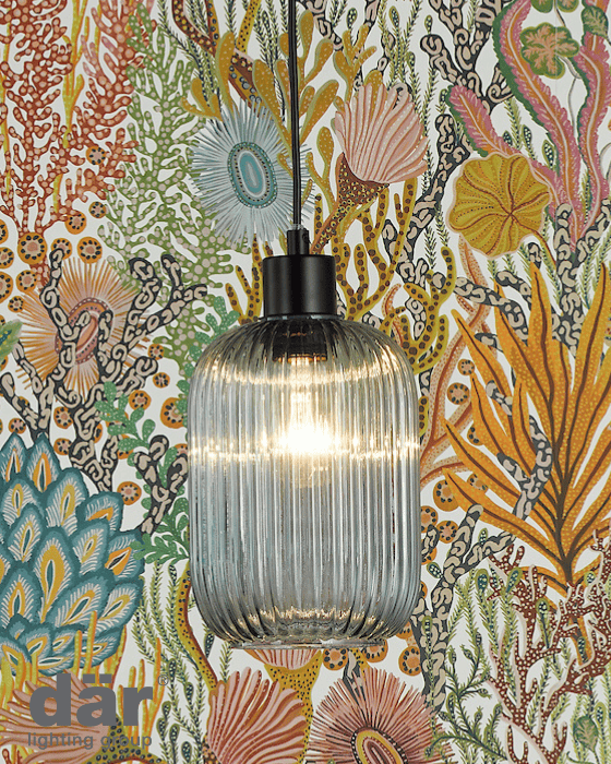 Dar Lighting Sawyer Matt Black & Blue Ribbed Glass Pendant