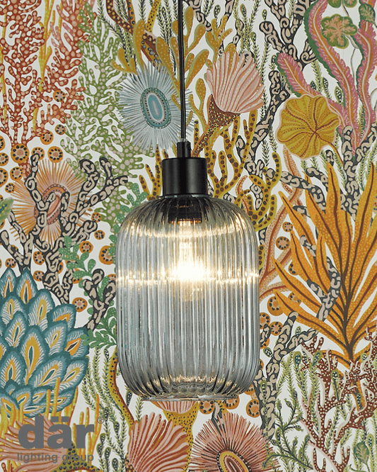 Dar Lighting Sawyer Matt Black & Blue Ribbed Glass Pendant