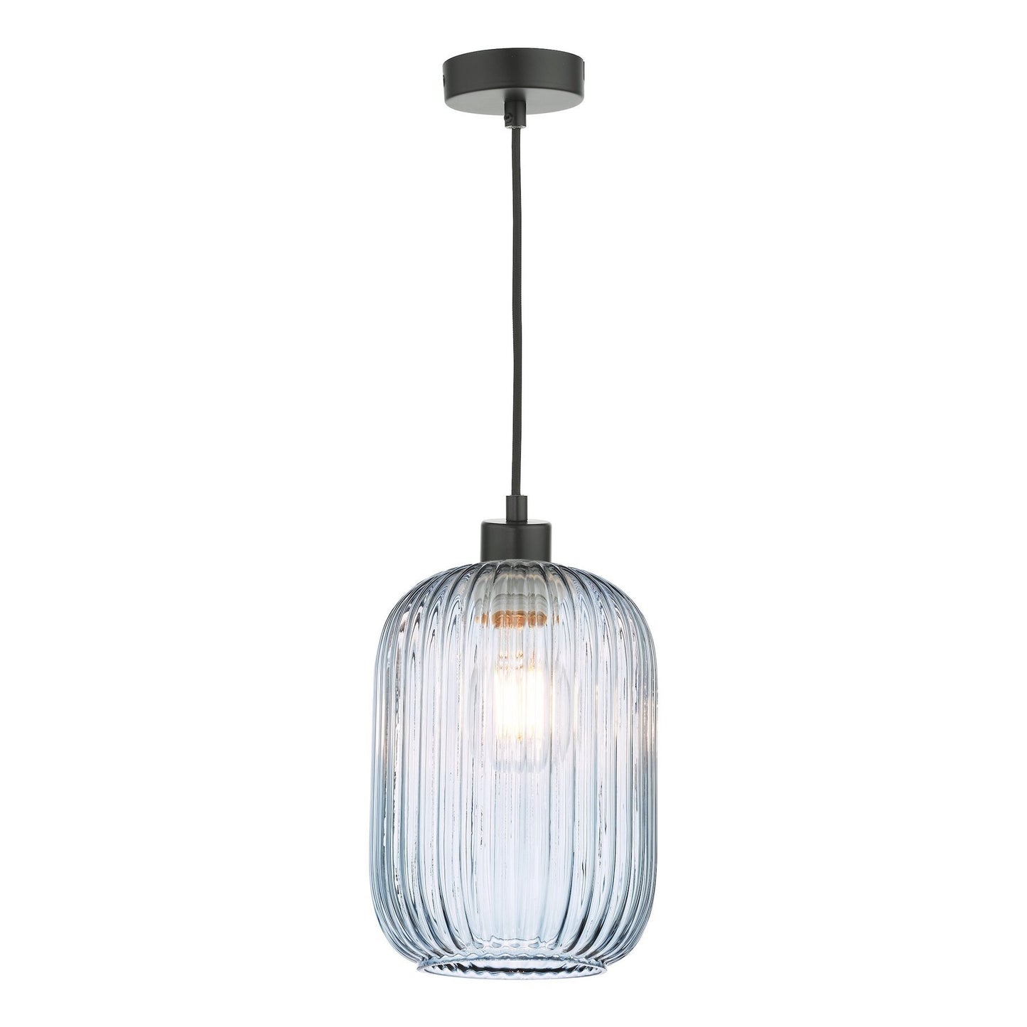 Dar Lighting Sawyer Matt Black & Blue Ribbed Glass Pendant