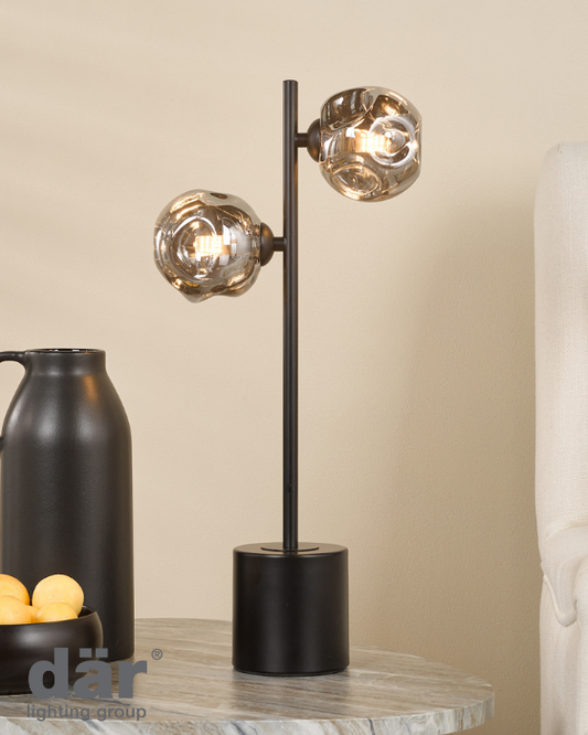 Dar Lighting Spiral 2 Light Matt Black Table Lamp With Closed Organic Smoked Glass