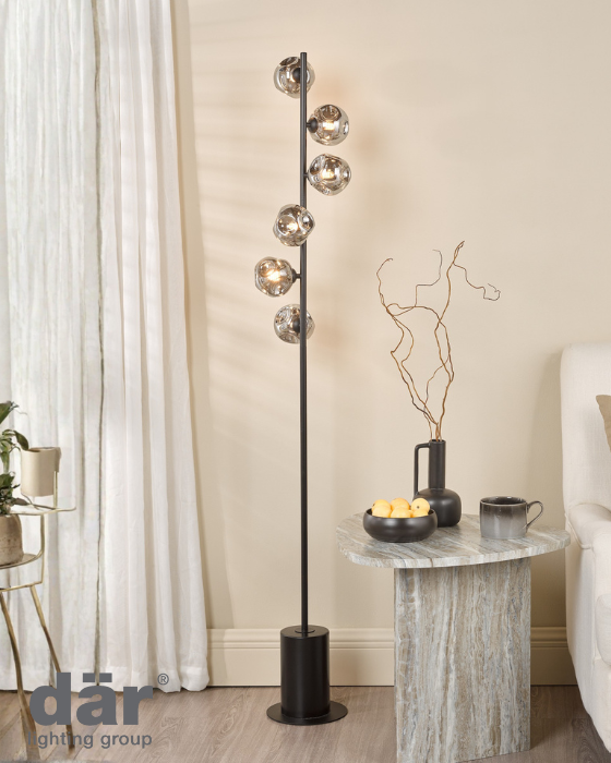 Dar Lighting Spiral 6 Light Matt Black Floor Lamp With Closed Organic Smoked Glass