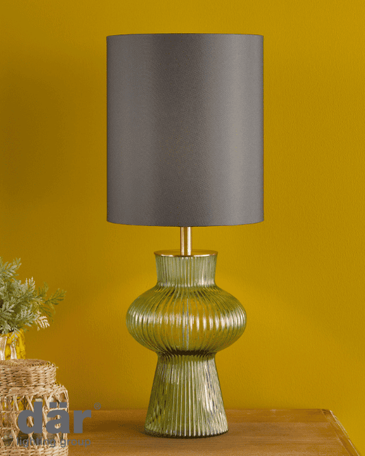 Dar Lighting Suelita Green Ribbed Glass & Antique Brass Table Lamp With Shade