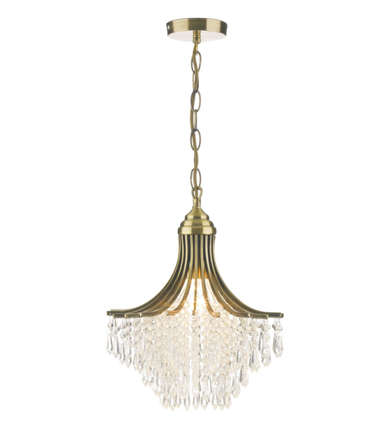 Gold dar lighting chandelier with crystal accents on a white background
