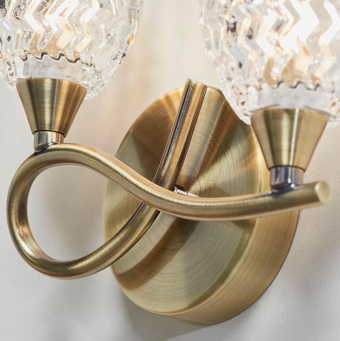 Endon Boyer 2 Light Cut Glass & Antique Brass Left Wall Light