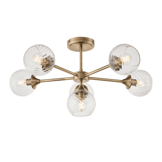 Endon Allegra 6 Light Antique Brass & Spiral Pattern Glass Semi Flush