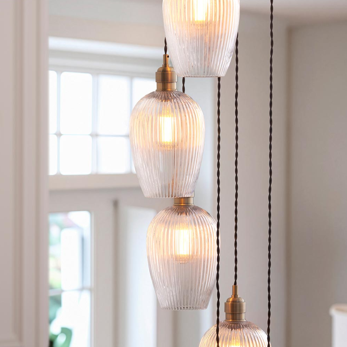 Vesilo Lighting Ares 13 Light Antique Brass & Clear Ribbed Glass Cascade Pendant