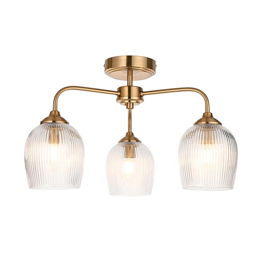 Endon Ashcroft 3 Light Brushed Aged Brass & Ribbed Glass Semi Flush