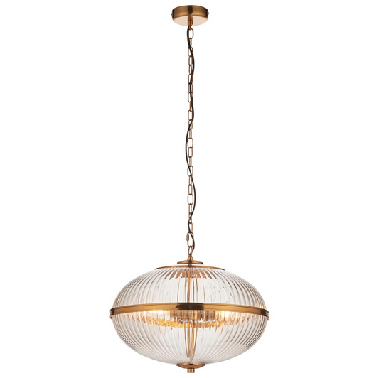 Endon Somerset 3 Light Brass & Ribbed Glass Pendant