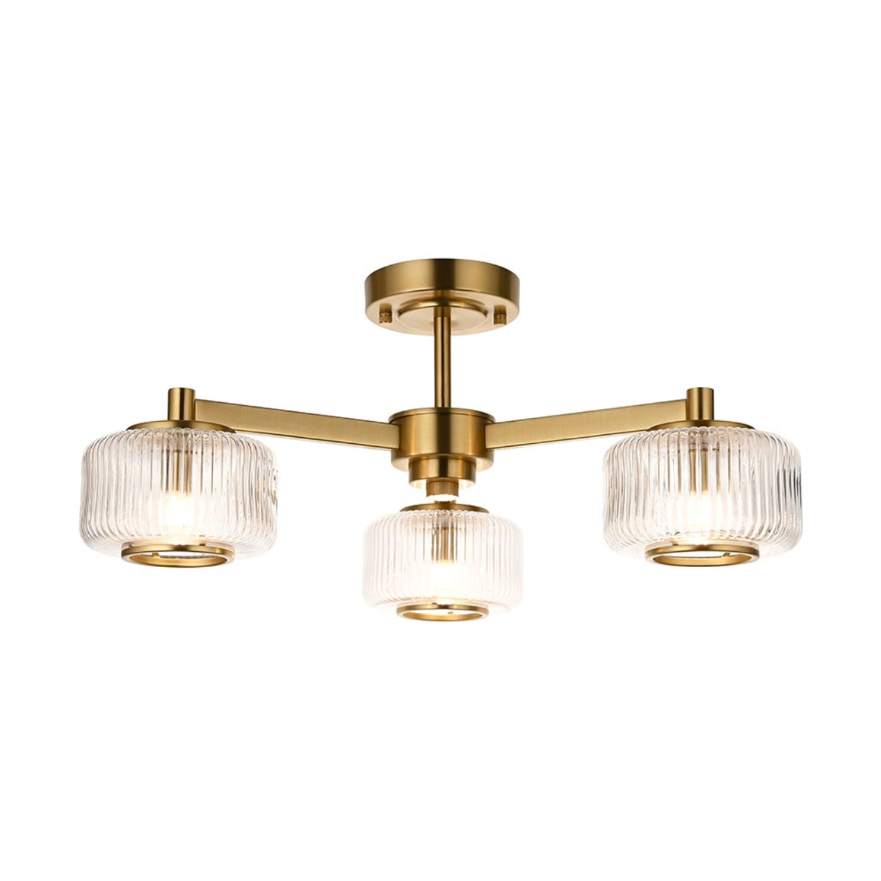 Endon Stamford 3 Light Brushed Aged Brass & Ribbed Glass Semi Flush