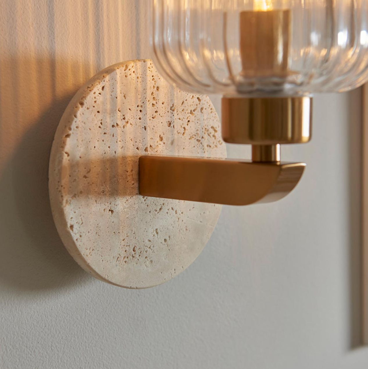 Endon Travi Vintage Brass & Travertine Stone Ribbed Glass Wall Light