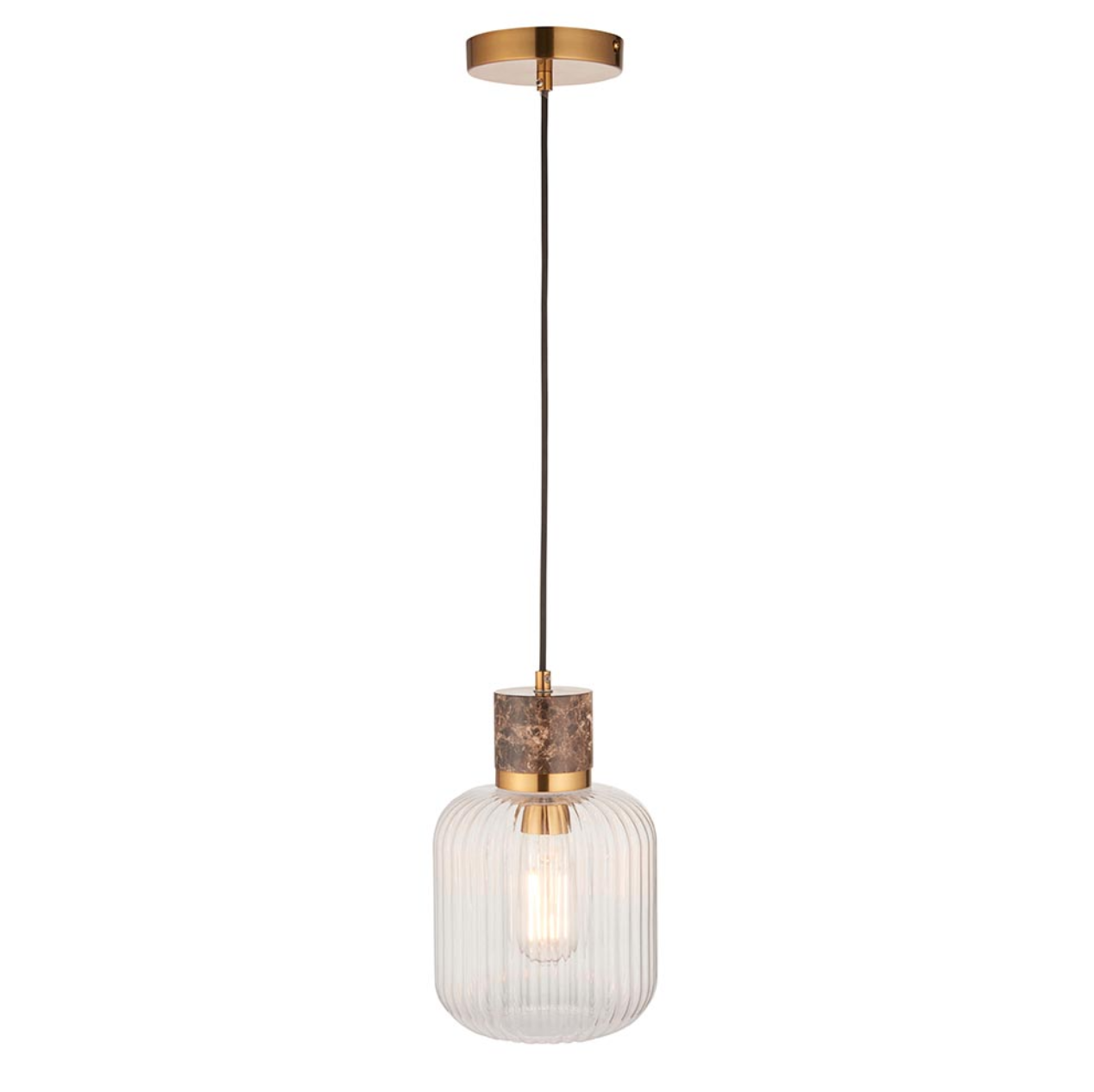 Endon Travi Vintage Brass & Travertine Stone Ribbed Glass Pendant