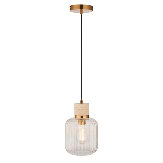 Endon Travi Vintage Brass & Travertine Stone Ribbed Glass Pendant