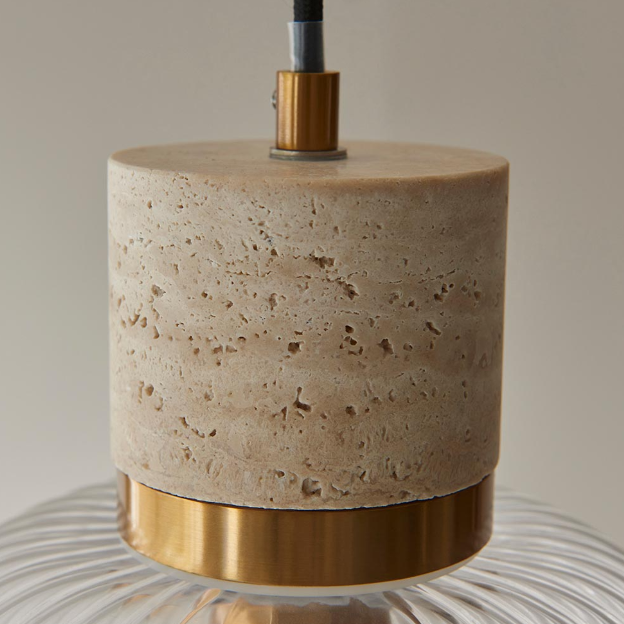 Endon Travi Vintage Brass & Travertine Stone Ribbed Glass Pendant