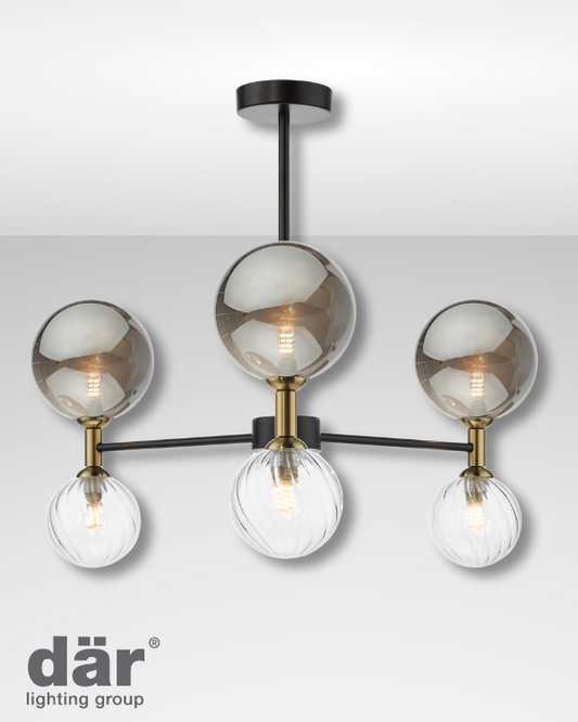 Dar Lighting Takara 6 Light Matt Black & Twisted Glass Semi Flush