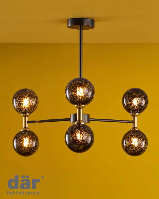 Dar Lighting Takara 6 Light Matt Black & Bronze With Black Confetti Glass Semi Flush