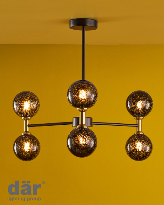 Dar Lighting Takara 6 Light Matt Black & Bronze With Black Confetti Glass Semi Flush
