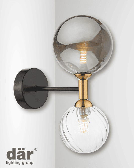 Dar Lighting Takara 2 Light Black Twisted Large Smoked Glass Wall Light