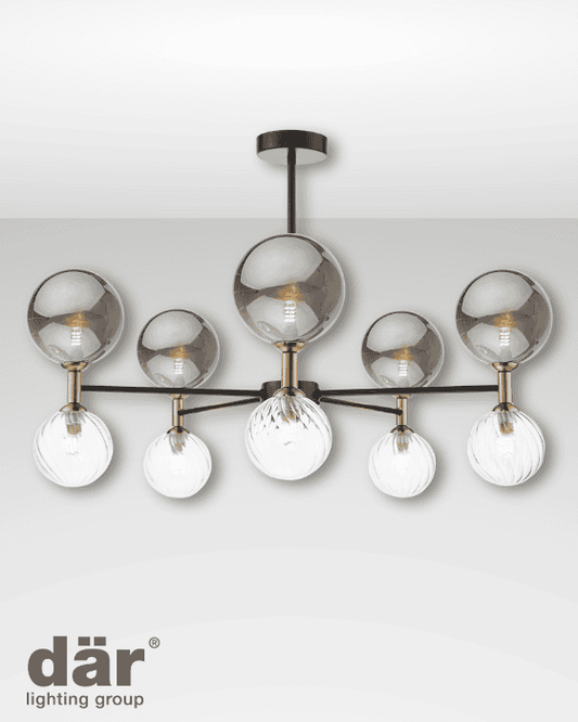 Dar Lighting Takara 10 Light Black With Twisted & Smoked Glass Semi Flush