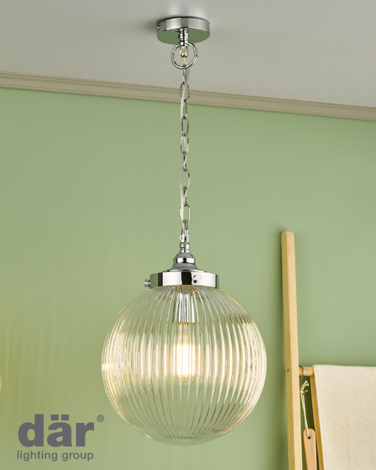Dar Lighting Tamara Bathroom IP44 Polished Chrome & Ribbed Glass Pendant