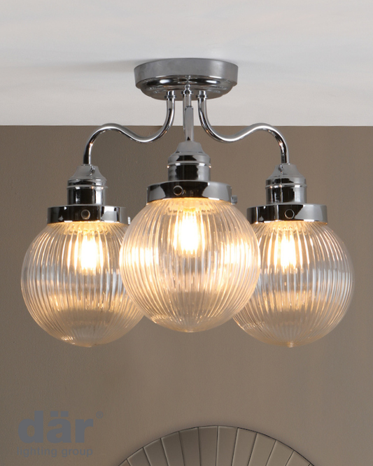 Dar Lighting Tamara Bathroom IP44 3 Light Polished Chrome & Ribbed Glass Semi Flush