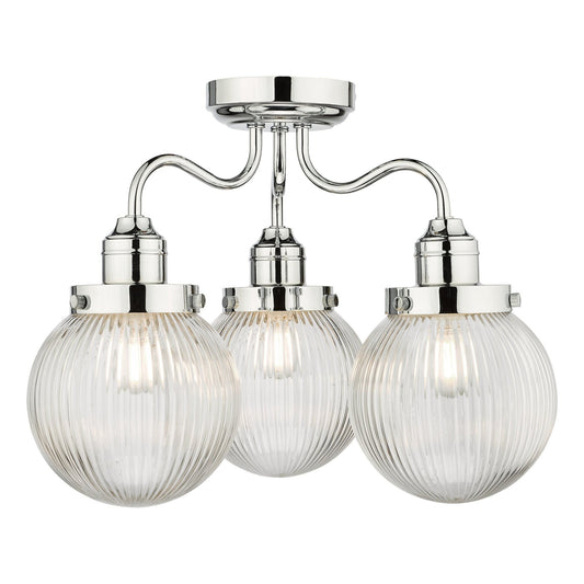 Dar Lighting Tamara Bathroom IP44 3 Light Polished Chrome & Ribbed Glass Semi Flush