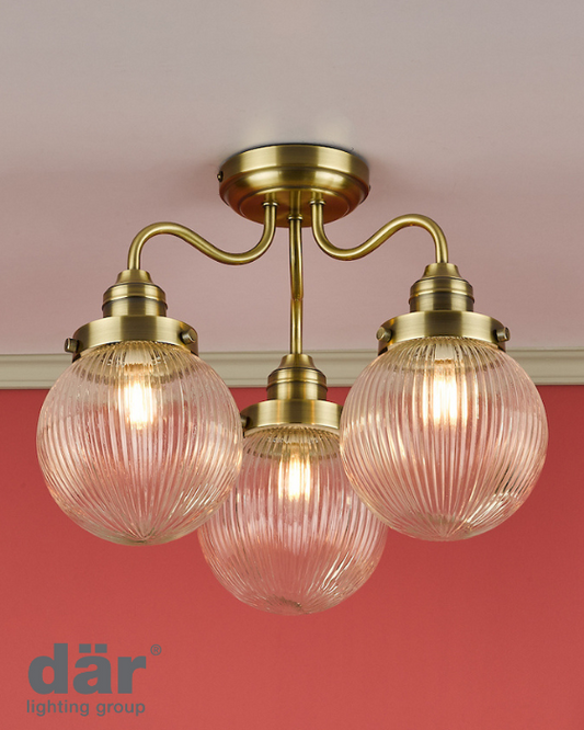 Dar Lighting Tamara Bathroom IP44 3 Light Antique Brass & Ribbed Glass Semi Flush