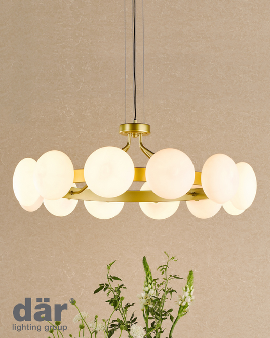 Dar Lighting Tauri 12 Light Matt Gold & Opal Glass Pendant