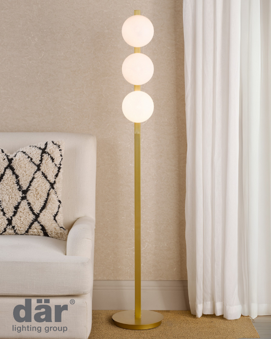 Dar Lighting Tauri 3 Light Matt Gold & Opal Glass Floor Lamp